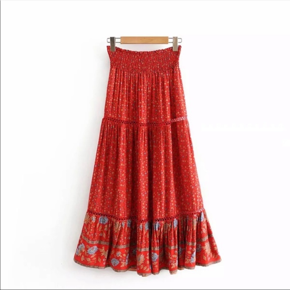 Bohemian Red Floral Print Gypsy Maxi Skirt - Picture 9 of 15